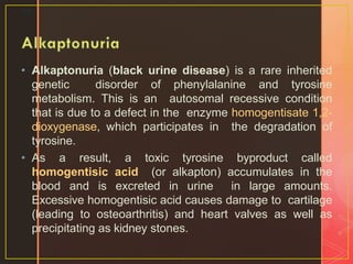 • Alkaptonuria (black urine disease) is a rare inherited
genetic disorder of phenylalanine and tyrosine
metabolism. This is an autosomal recessive condition
that is due to a defect in the enzyme homogentisate 1,2-
dioxygenase, which participates in the degradation of
tyrosine.
• As a result, a toxic tyrosine byproduct called
homogentisic acid (or alkapton) accumulates in the
blood and is excreted in urine in large amounts.
Excessive homogentisic acid causes damage to cartilage
(leading to osteoarthritis) and heart valves as well as
precipitating as kidney stones.
32
 