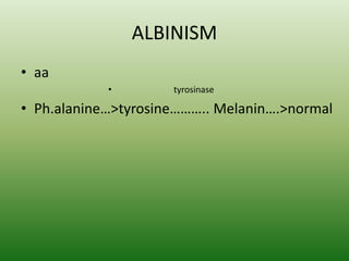 ALBINISM
• aa
• tyrosinase
• Ph.alanine…>tyrosine……….. Melanin….>normal
 
