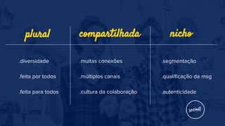 .diversidade
.feita por todos
.feita para todos
plural compartilhada
.muitas conexões
.múltiplos canais
.cultura da colaboração
nicho
.segmentação
.qualificação da msg
.autenticidade
 