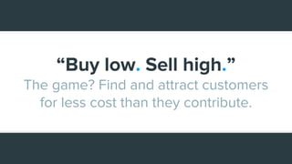 “Buy low. Sell high.”
The game? Find and attract customers
for less cost than they contribute.
 