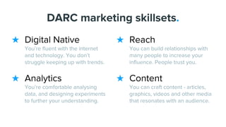 DARC marketing skillsets.
★ Digital Native
You’re fluent with the internet
and technology. You don’t
struggle keeping up with trends.
★ Analytics
You’re comfortable analysing
data, and designing experiments
to further your understanding.
★ Reach
You can build relationships with
many people to increase your
influence. People trust you.
★ Content
You can craft content - articles,
graphics, videos and other media
that resonates with an audience.
 