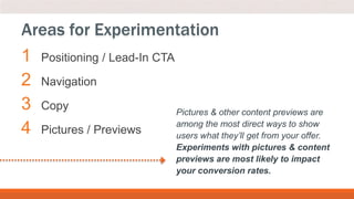 1 Positioning / Lead-In CTA
2 Navigation
3 Copy
4 Pictures / Previews
Areas for Experimentation
Pictures & other content previews are
among the most direct ways to show
users what they’ll get from your offer.
Experiments with pictures & content
previews are most likely to impact
your conversion rates.
 
