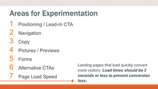 1 Positioning / Lead-In CTA
2 Navigation
3 Copy
4 Pictures / Previews
5 Forms
6 Alternative CTAs
7 Page Load Speed
Areas for Experimentation
Landing pages that load quickly convert
more visitors. Load times should be 3
seconds or less to prevent conversion
loss.
 