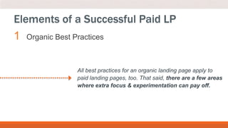 1 Organic Best Practices
Elements of a Successful Paid LP
All best practices for an organic landing page apply to
paid landing pages, too. That said, there are a few areas
where extra focus & experimentation can pay off.
 