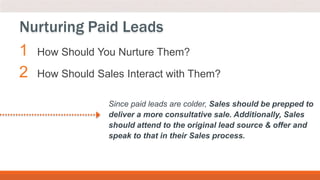 1 How Should You Nurture Them?
2 How Should Sales Interact with Them?
Nurturing Paid Leads
Since paid leads are colder, Sales should be prepped to
deliver a more consultative sale. Additionally, Sales
should attend to the original lead source & offer and
speak to that in their Sales process.
 