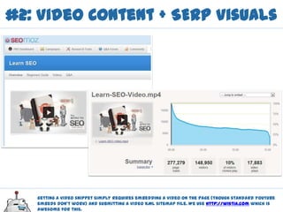 #2: Video Content + SERP Visuals<br />For a brief time, SEOmoz held the top 3 spots for “learn seo,” and the video result ...