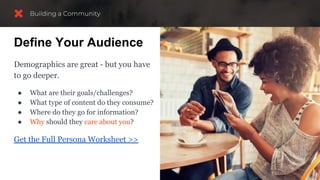 Define Your Audience
Demographics are great - but you have
to go deeper.
● What are their goals/challenges?
● What type of content do they consume?
● Where do they go for information?
● Why should they care about you?
Get the Full Persona Worksheet >>
 