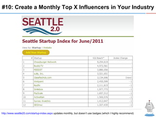 R #10: Create a Monthly Top X Influencers in Your Industry http://www.seattle20.com/startup-index.aspx  updates monthly, but doesn’t use badges (which I highly recommend) 