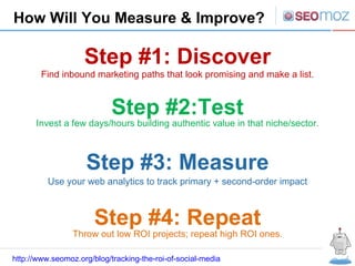 R How Will You Measure & Improve? http://www.seomoz.org/blog/tracking-the-roi-of-social-media Step #1: Discover Step #2:Test Step #3: Measure Step #4: Repeat Find inbound marketing paths that look promising and make a list. Invest a few days/hours building authentic value in that niche/sector. Use your web analytics to track primary + second-order impact Throw out low ROI projects; repeat high ROI ones. 