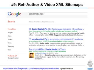 R #9: Rel=Author & Video XML Sitemaps http://www.blindfiveyearold.com/how-to-implement-rel-author  - good how-to 
