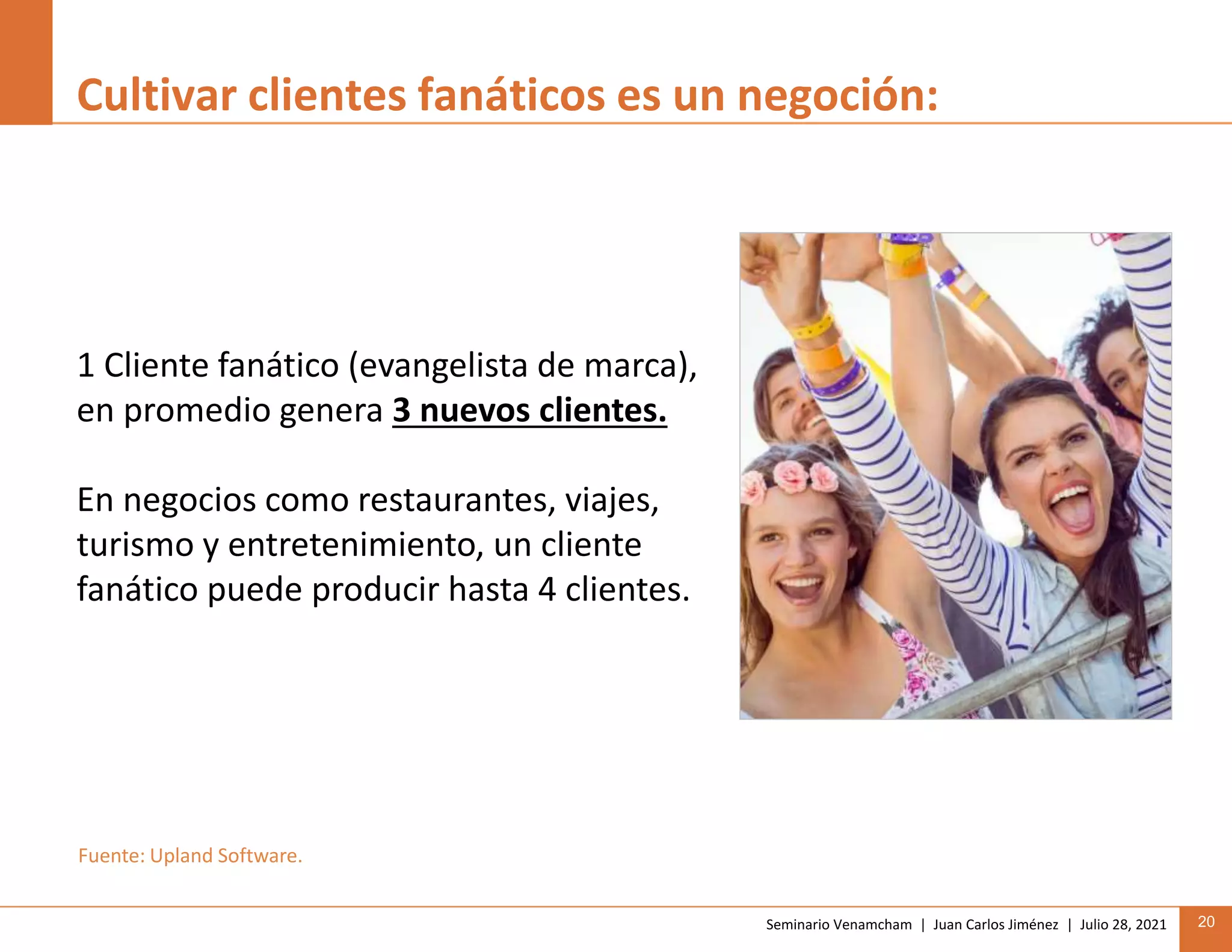 Seminario Venamcham | Juan Carlos Jiménez | Julio 28, 2021 20
Cultivar clientes fanáticos es un negoción:
1 Cliente fanático (evangelista de marca),
en promedio genera 3 nuevos clientes.
En negocios como restaurantes, viajes,
turismo y entretenimiento, un cliente
fanático puede producir hasta 4 clientes.
Fuente: Upland Software.
 