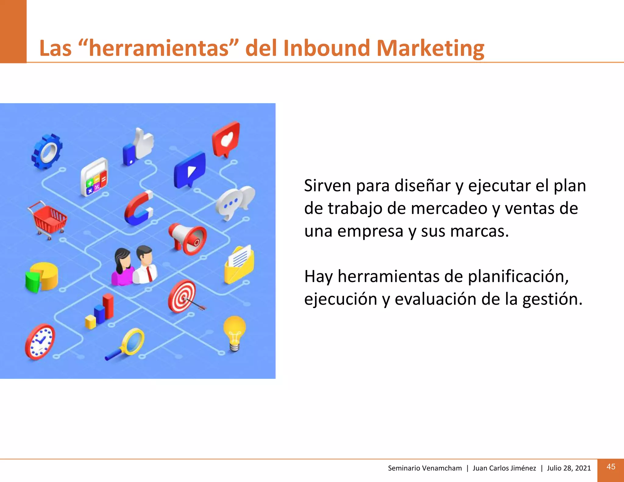 Seminario Venamcham | Juan Carlos Jiménez | Julio 28, 2021 45
Las “herramientas” del Inbound Marketing
Sirven para diseñar y ejecutar el plan
de trabajo de mercadeo y ventas de
una empresa y sus marcas.
Hay herramientas de planificación,
ejecución y evaluación de la gestión.
 