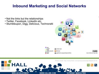 Inbound Marketing and Social Networks Not the links but the relationships Twitter, Facebook, LinkedIn etc. Stumbleupon, Digg, Delicious, Technoratti Photo credit: http://www.flickr.com/photos/silvertje/3582813518/ 