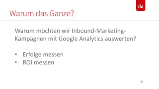 Warum das Ganze?
9
Warum möchten wir Inbound-Marketing-
Kampagnen mit Google Analytics auswerten?
• Erfolge messen
• ROI messen
 