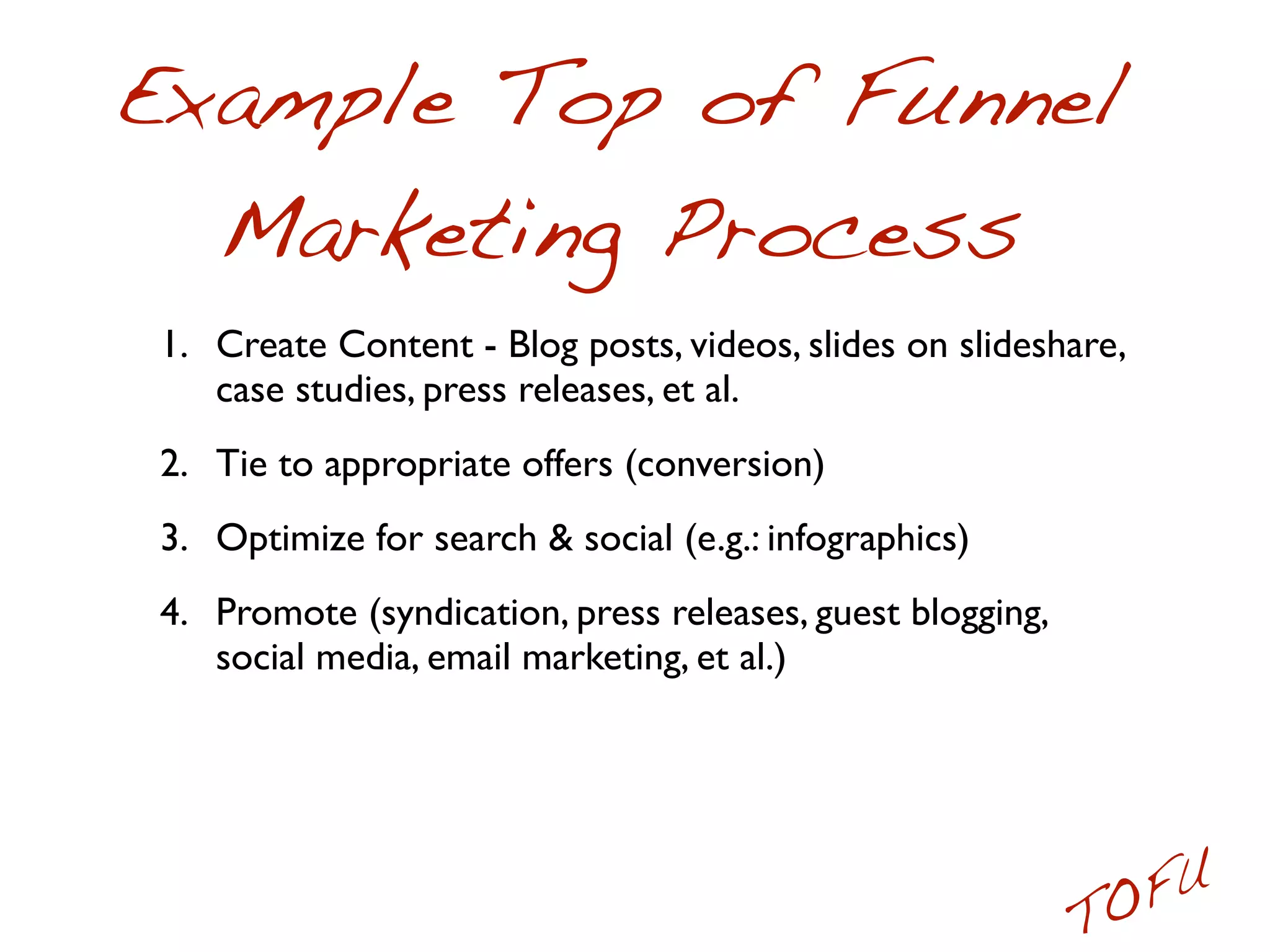 Example Top of Funnel
  Marketing Process
1. Create Content - Blog posts, videos, slides on slideshare,
   case studies, press releases, et al.
2. Tie to appropriate offers (conversion)
3. Optimize for search & social (e.g.: infographics)
4. Promote (syndication, press releases, guest blogging,
   social media, email marketing, et al.)




                                                            O FU
                                                           T
 