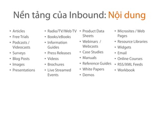 Nền tảng của Inbound: Nội dung
• Articles        • Radio/TV/Web TV   • Product Data       • Microsites / Web
• Free Trials...
