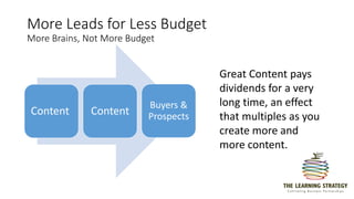 More Leads for Less Budget
More Brains, Not More Budget
Content Content
Buyers &
Prospects
Great Content pays
dividends for a very
long time, an effect
that multiples as you
create more and
more content.
 