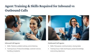 Agent Training & Skills Required for Inbound vs
Outbound Calls
Inbound Call Agents
Skills: Patience, problem-solving, active listening
Training Focus: Product knowledge, customer service,
handling complaints
Outbound Call Agents
Skills: Persuasion, communication, closing deals
Training Focus: Sales techniques, product knowledge,
overcoming objections
 