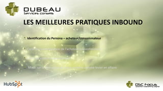 LES MEILLEURES PRATIQUES INBOUND
Créer du contenu exceptionnel
Miser sur la plus-value de votre contenu comme levier en affaire
Cycle de consommation de l’acheteur/consommateur
Identification du Persona – acheteur/consommateur
 