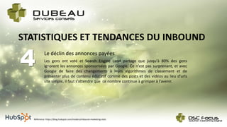 Le déclin des annonces payées
4
STATISTIQUES ET TENDANCES DU INBOUND
Les gens ont voté et Search Engine Land partage que jusqu'à 80% des gens
ignorent les annonces sponsorisées par Google. Ce n'est pas surprenant, et avec
Google de faire des changements à leurs algorithmes de classement et de
présenter plus de contenu éducatif comme des posts et des vidéos au lieu d'urls
site simple, il faut s’attendre que ce nombre continue à grimper à l'avenir.
Référence: https://blog.hubspot.com/insiders/inbound-marketing-stats
 