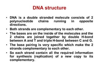 DNA structure
• DNA is a double stranded molecule consists of 2
polynucleotide chains running in opposite
directions.
• Both strands are complementary to each other.
• The bases are on the inside of the molecules and the
2 chains are joined together by double H-bond
between A and T and triple H-bond between C and G.
• The base pairing is very specific which make the 2
strands complementary to each other.
• So each strand contain all the required information
for synthesis (replication) of a new copy to its
complementary.
 