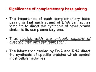 Significance of complementary base pairing
• The importance of such complementary base
pairing is that each strand of DNA can act as
template to direct the synthesis of other strand
similar to its complementary one.
• Thus nucleic acids are uniquely capable of
directing their own self replication.
• The information carried by DNA and RNA direct
the synthesis of specific proteins which control
most cellular activities.
 