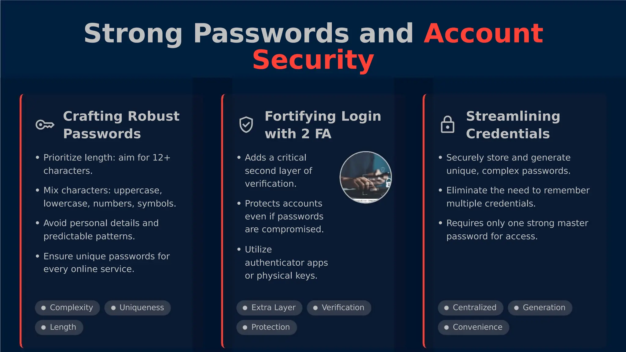 Strong Passwords and Account
Security
Crafting Robust
Passwords
Fortifying Login
with 2 FA
Streamlining
Credentials
• Prioritize length: aim for 12+ • Adds a critical • Securely store and generate
characters. second layer of
veriﬁcation.
unique, complex passwords.
• Mix characters: uppercase, • Eliminate the need to remember
lowercase, numbers, symbols. • Protects accounts
even if passwords
are compromised.
multiple credentials.
• Avoid personal details and • Requires only one strong master
predictable patterns. password for access.
• Utilize
• Ensure unique passwords for
authenticator apps
or physical keys.
every online service.
Complexity
Length
Uniqueness Extra Layer
Protection
Veriﬁcation Centralized Generation
Convenience
 