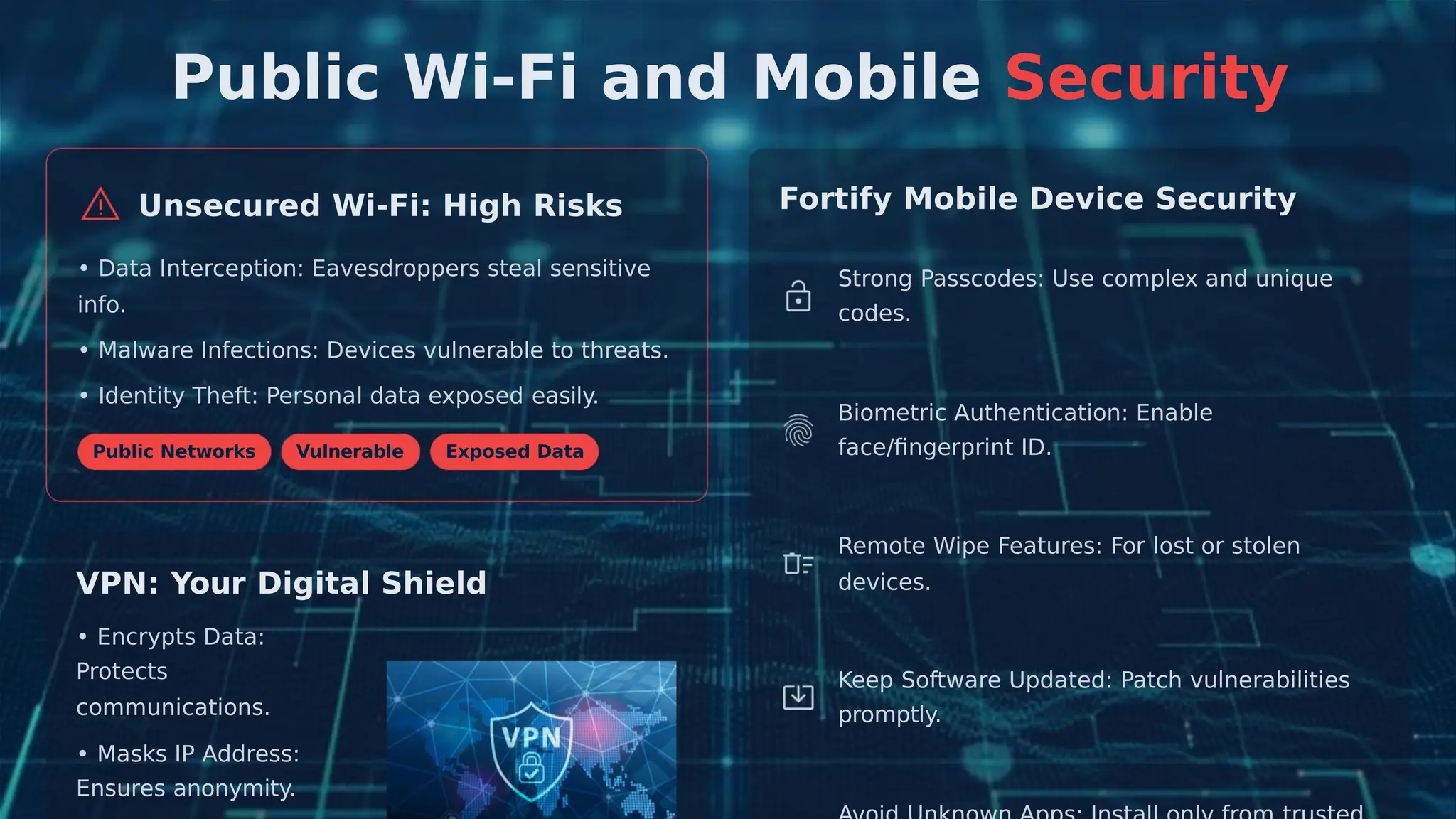 Public Wi-Fi and Mobile Security
Fortify Mobile Device Security
Unsecured Wi-Fi: High Risks
• Data Interception: Eavesdroppers steal sensitive
info.
Strong Passcodes: Use complex and unique
codes.
• Malware Infections: Devices vulnerable to threats.
• Identity Theft: Personal data exposed easily.
Biometric Authentication: Enable
face/ﬁngerprint ID.
Public Networks Vulnerable Exposed Data
Remote Wipe Features: For lost or stolen
devices.
VPN: Your Digital Shield
• Encrypts Data:
Protects Keep Software Updated: Patch vulnerabilities
promptly.
communications.
• Masks IP Address:
Ensures anonymity.
 