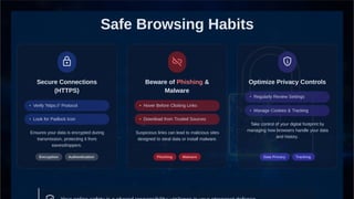 Safe Browsing Habits
Secure Connections
(HTTPS)
Beware of Phishing & Optimize Privacy Controls
Malware
• Regularly Review Settings
• Verify 'https://' Protocol • Hover Before Clicking Links
• Manage Cookies & Tracking
• Look for Padlock Icon • Download from Trusted Sources
Take control of your digital footprint by
managing how browsers handle your data
and history.
Ensures your data is encrypted during
transmission, protecting it from
eavesdroppers.
Suspicious links can lead to malicious sites
designed to steal data or install malware.
Encryption Authentication Phishing Malware Data Privacy Tracking
 