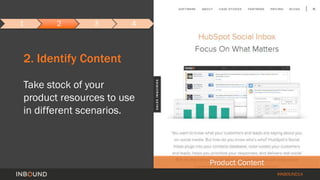 #INBOUND14 
2. Identify Content 
Take stock of your 
product resources to use 
in different scenarios. 
Product Content 
1...