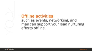 Offline activities 
such as events, networking, and 
mail can support your lead nurturing 
efforts offline. 
#INBOUND14 
 