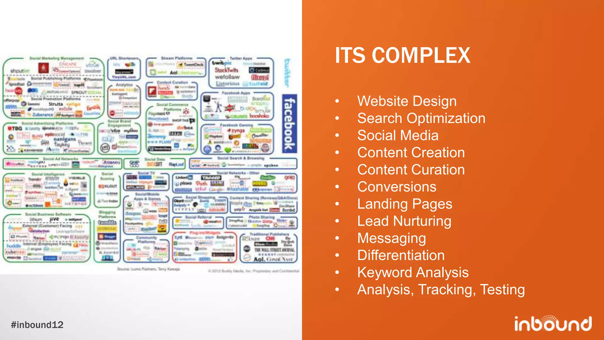 ITS COMPLEX
             •   Website Design
             •   Search Optimization
             •   Social Media
             •   Content Creation
             •   Content Curation
             •   Conversions
             •   Landing Pages
             •   Lead Nurturing
             •   Messaging
             •   Differentiation
             •   Keyword Analysis
             •   Analysis, Tracking, Testing

#inbound12
 