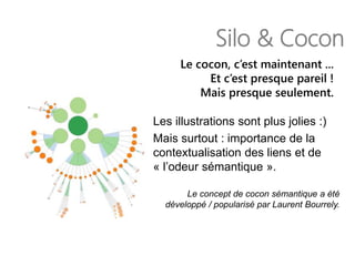 Silo & Cocon
Le cocon, c’est maintenant ...
Et c’est presque pareil !
Mais presque seulement.
Les illustrations sont plus jolies :)
Mais surtout : importance de la
contextualisation des liens et de
« l’odeur sémantique ».
Le concept de cocon sémantique a été
développé / popularisé par Laurent Bourrely.
 