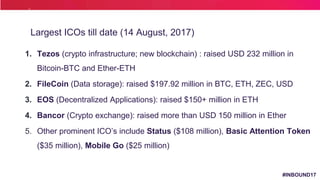 #INBOUND17
1. Tezos (crypto infrastructure; new blockchain) : raised USD 232 million in
Bitcoin-BTC and Ether-ETH
2. FileC...