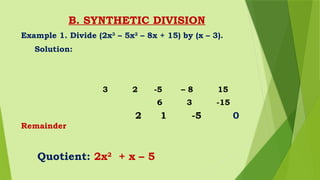 B. SYNTHETIC DIVISION
Example 1. Divide (2x3
– 5x2
– 8x + 15) by (x – 3).
Solution:
3 2 -5 – 8 15
6 3 -15
2 1 -5 0
Remainder
Quotient: 2x2
+ x – 5
 