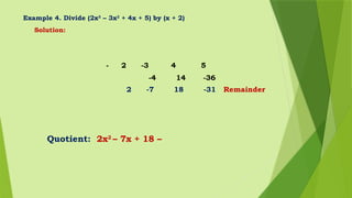 Example 4. Divide (2x3
– 3x2
+ 4x + 5) by (x + 2)
Solution:
- 2 -3 4 5
-4 14 -36
2 -7 18 -31 Remainder
Quotient: 2x2
– 7x + 18 –
 