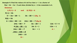 Example 9: Find the values of A & B so that x + 1 is a factor of
P(x) = 3A + 4x + 5 and when divided by x – 2 the remainder is 6.
Solution:
i) P(-1) = 0 and ii) P(2) = 6
P(-1) = 3A
0 = -3A + 2B + 1 3A – 2B = 1 (Eq. 1)
P(2) = 3A
6 = 24A + 8B + 13 24A + 8B = -7 (Eq.2)
24A + 8B = -7 3A – 2B = 1 12A + 5 = 4
-8 (3A – 2B = 1) 3A– 2 = 1 12A = -1
24A + 8B = -7 3A + = 1 A =
-24A + 16B = -8
24B = -15
B =
 