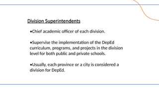 Division Superintendents
•Chief academic officer of each division.
•Supervise the implementation of the DepEd
curriculum, programs, and projects in the division
level for both public and private schools.
•Usually, each province or a city is considered a
division for DepEd.
 