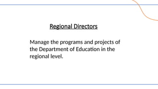 Regional Directors
Manage the programs and projects of
the Department of Education in the
regional level.
 
