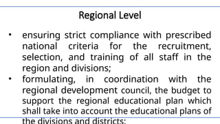 Regional Level
• ensuring strict compliance with prescribed
national criteria for the recruitment,
selection, and training of all staff in the
region and divisions;
• formulating, in coordination with the
regional development council, the budget to
support the regional educational plan which
shall take into account the educational plans of
 