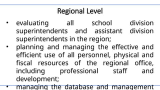 Regional Level
• evaluating all school division
superintendents and assistant division
superintendents in the region;
• planning and managing the effective and
efficient use of all personnel, physical and
fiscal resources of the regional office,
including professional staff and
development;
• managing the database and management
 