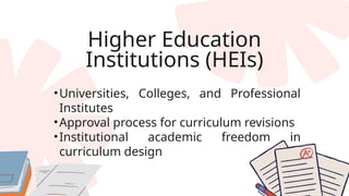 Higher Education
Institutions (HEIs)
•Universities, Colleges, and Professional
Institutes
•Approval process for curriculum revisions
•Institutional academic freedom in
curriculum design
 