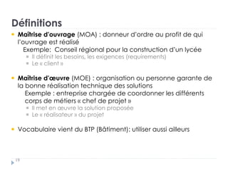 Maîtrise d’ouvrage (MOA) : donneur d’ordre au profit de qui
l’ouvrage est réalisé.
Exemple: Conseil régional pour la construction d’un lycée †
Il définit les besoins, les exigences (requirements) †
Le « client »
Maîtrise d’œuvre (MOE) : organisation ou personne garante de
la bonne réalisation technique des solutions
Exemple : entreprise chargée de coordonner les différents
corps de métiers « chef de projet »
Il met en œuvre la solution proposée
Le « réalisateur » du projet
Vocabulaire vient du BTP (Bâtiment): utiliser aussi ailleurs
Définitions
19
 
