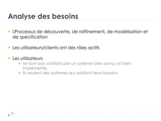 Analyse des besoins
25
Processus de découverte, de raffinement, de modélisation et
de spécification
Les utilisateurs/clients ont des rôles actifs
Les utilisateurs †
ne sont pas satisfaits par un système bien conçu et bien
implémenté,
ils veulent des systèmes qui satisfont leurs besoins
 