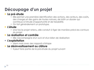 Découpage d’un projet
39
La pré-étude †
Elle permet une première identification des actions, des acteurs, des coûts,
des charges et des gains de toutes natures, de bâtir un dossier qui
contribue à l’étude d’opportunité et de faisabilité. †
On fait généralement un prototype..
L'étude †
Une fois le projet retenu, elle conduit à figer de manière précis les contours
du projet
La réalisation et contrôle †
Elle s'accompagne d'un suivi et d'un bilan de réalisation
L'exploitation †
Idem mais avec des rapports d’étape
Le désinvestissement ou clôture †
Il peut faire partie de la pré-étude du projet suivant
 