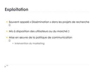 Exploitation
44
Souvent appelé « Dissémination » dans les projets de recherche
Mis à disposition des utilisateurs ou du marché
Mise en œuvre de la politique de communication
†
Intervention du marketing
 