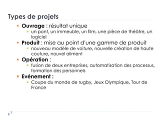 Types de projets
Ouvrage : résultat unique
un pont, un immeuble, un film, une pièce de théâtre, un
logiciel
Produit : mise au point d’une gamme de produit
nouveau modèle de voiture, nouvelle création de haute
couture, nouvel aliment
Opération :
fusion de deux entreprises, automatisation des processus,
formation des personnels
Evénement :
Coupe du monde de rugby, Jeux Olympique, Tour de
France
8
 