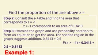 Example 1:
Find the proportion of the are above z =
-1.
Step 2: Consult the z- table and find the area that
corresponds to z = -1.
z = -1 corresponds to an area of 0.3413
Step 3: Examine the graph and use probability notation to
form an equation to get the area. The shaded region in the
graph suggests addition. 0.3413 + 0.5
𝑃( > 1) = 0.3413 +
𝑧 −
0.5 = 0.8413
 