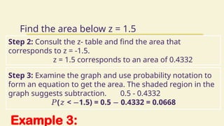 Example 3:
Find the area below z = 1.5
Step 2: Consult the z- table and find the area that
corresponds to z = -1.5.
z = 1.5 corresponds to an area of 0.4332
Step 3: Examine the graph and use probability notation to
form an equation to get the area. The shaded region in the
graph suggests subtraction. 0.5 - 0.4332
𝑃( < 1.5) = 0.5 0.4332 = 0.0668
𝑧 − −
 