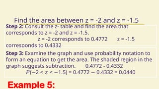 Example 5:
Find the area between z = -2 and z = -1.5
Step 2: Consult the z- table and find the area that
corresponds to z = -2 and z = -1.5.
z = -2 corresponds to 0.4772 z = -1.5
corresponds to 0.4332
Step 3: Examine the graph and use probability notation to
form an equation to get the area. The shaded region in the
graph suggests subtraction. 0.4772 - 0.4332
𝑃( 2 < < 1.5) = 0.4772 0.4332 = 0.0440
− 𝑧 − −
 